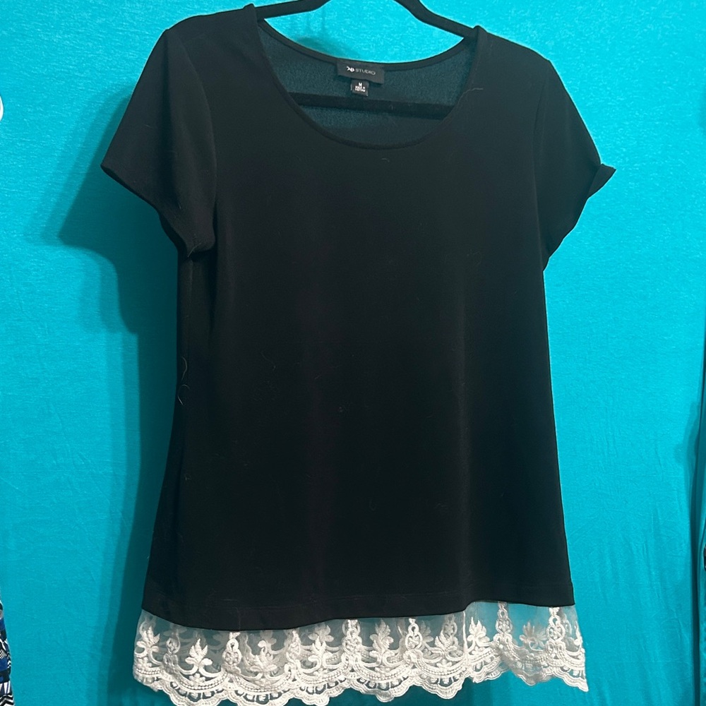 AB STUDIO Black and White Lace Hem Semi Sheer BusinessCasual Blouse